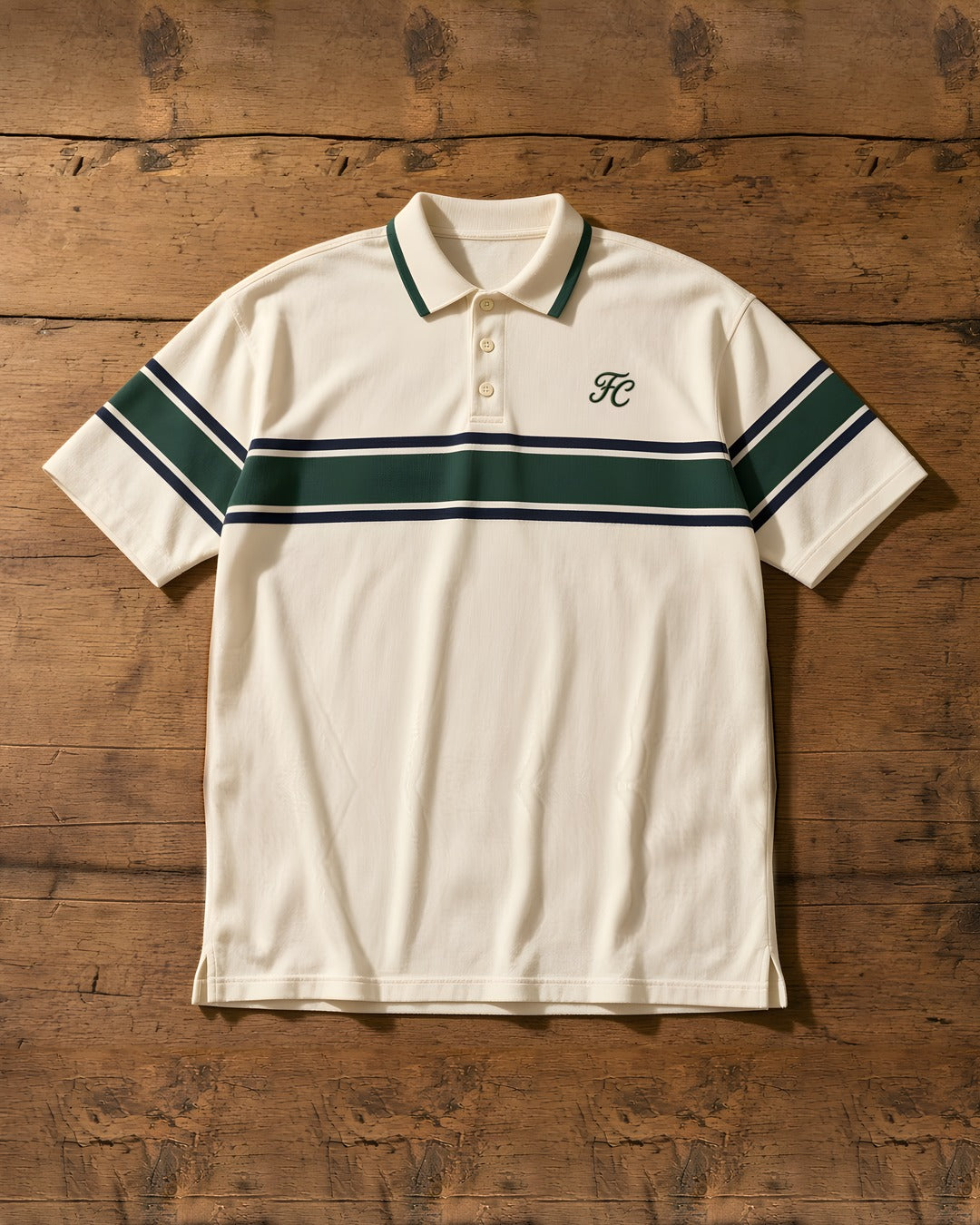The Fairway cream golf polo with three-stripe chest band