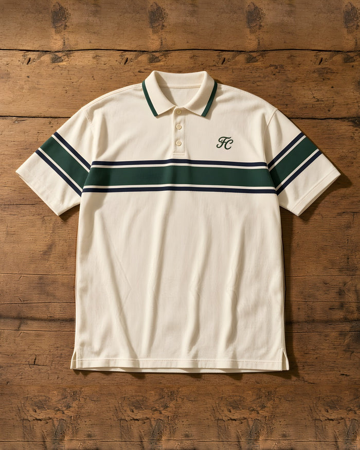 The Fairway cream golf polo with three-stripe chest band