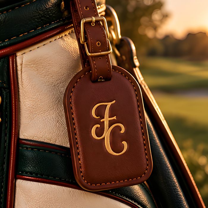 Foxcrest leather bag tag on a golf bag