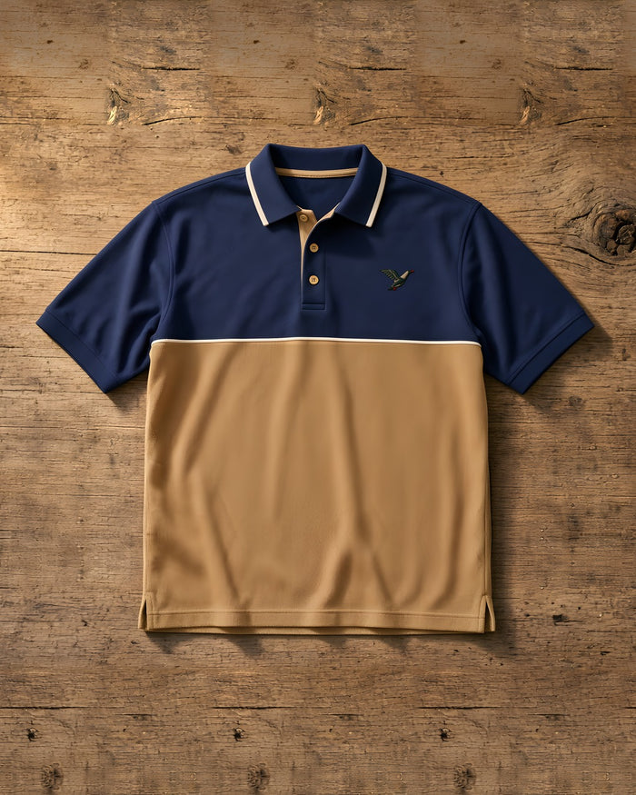 The Turn navy and tan colorblock golf polo