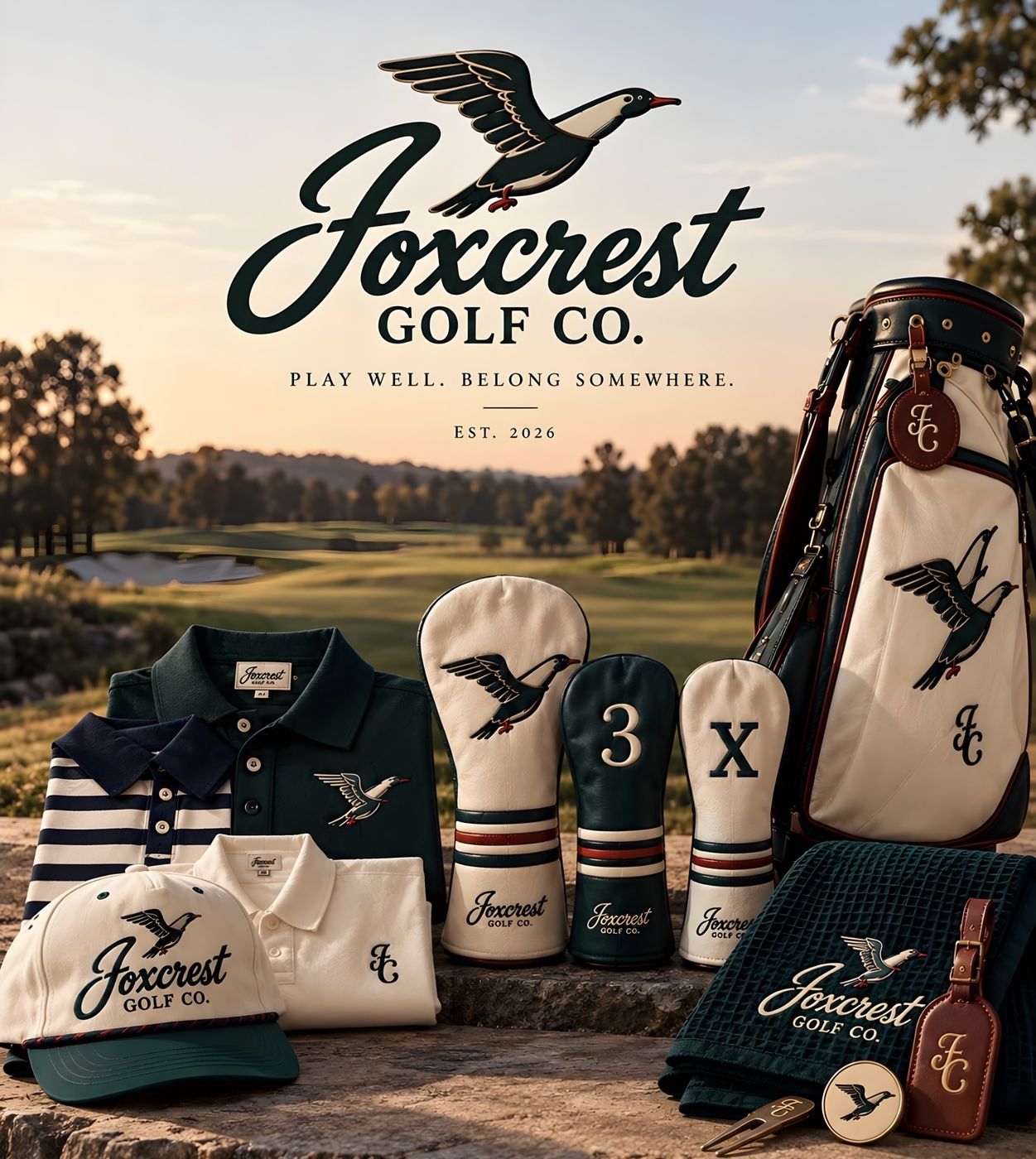 Foxcrest Founders Collection leather headcovers, rope hat and waffle towel in pine, oxblood and cream